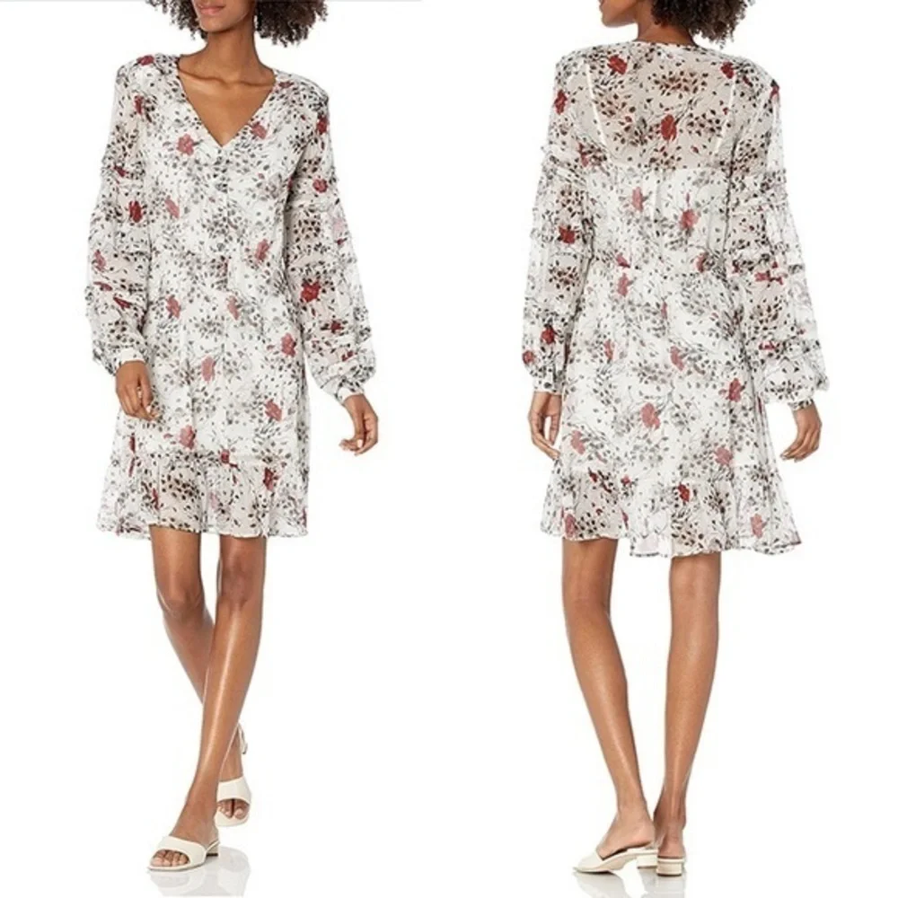 The Kooples Flying Flowers Silk White Red Long Sleeve Mini Dress FR 2 US S